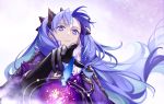  1girl black_gloves blue_hair bodysuit cape commentary_request expressionless facial_mark fate/grand_order fate_(series) forehead forehead_mark gloves hair_ornament highres ishtar_(fate)_(all) long_hair multicolored_hair orb purple_cape purple_eyes purple_hair siya_ho solo space_ishtar_(fate) starry_background symbol-shaped_pupils two-tone_hair two_side_up 