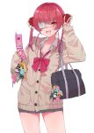  1girl 510ksk bag cellphone eyepatch fang flip_phone highres holding holding_phone hololive houshou_marine keychain one_eye_covered open_mouth phone red_eyes red_hair school_bag school_uniform solo v virtual_youtuber white_background 
