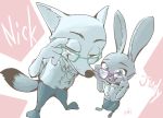  2016 anthro barefoot bottomwear canid canine clothed clothing disney duo eyewear female fox fully_clothed fur glasses judy_hopps lagomorph leporid male mammal nick_wilde open_mouth open_smile pants poki_o_o_o rabbit red_fox shirt simple_background smile standing topwear white_background zootopia 