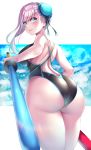  1girl absurdres ass asymmetrical_hair bangs black_swimsuit blue_eyes blush breasts bun_cover competition_swimsuit dual_wielding fate/grand_order fate_(series) from_behind hair_bun highres holding large_breasts long_hair looking_at_viewer looking_back miyamoto_musashi_(fate/grand_order) miyamoto_musashi_(swimsuit_berserker)_(fate) nano_(syoutamho) one-piece_swimsuit outside_border pink_hair sky smile solo sparkle swept_bangs swimsuit 