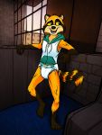  3:4 anthro bottomless clothed clothing diaper exhibitionism fur hi_res hoodie infantilism male mammal orange_body orange_fur procyonid public public_exposure raccoon racketraccoon school shirt solo teenager topwear young 