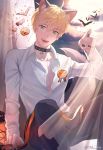  1boy ahoge animal_ears arm_support arthur_pendragon_(fate) artist_name bangs bat blonde_hair candy_print cat_ears choker claw_pose collar collarbone collared_shirt commentary_request curtains dog_collar dress_shirt fate/stay_night fate_(series) green_eyes halloween hand_up highres koa_(koa_124) lamp looking_at_viewer male_focus nail_polish open_mouth orange_ribbon pants pumpkin_print ribbon shirt short_hair sitting smile solo tail unbuttoned unbuttoned_shirt upper_teeth white_shirt wolf_ears wolf_tail 