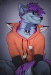  2020 angiewolf anthro blue_eyes canid canine canis clothing collar digital_media_(artwork) domestic_dog eyebrows eyelashes hoodie male mammal orange_hoodie purple_eyes smile solo topwear 