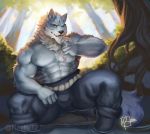  2020 5_fingers abs absurd_res anthro biceps black_nose bottomwear canid canine canis clothed clothing day detailed_background fingers forest fur grey_body grey_fur hi_res humanoid_hands law_(sdorica_sunset) male mammal multicolored_body multicolored_fur muscular muscular_anthro muscular_male navel one_eye_closed outside pecs raytig12 sdorica sdorica_sunset signature solo topless tree two_tone_body two_tone_fur white_body white_fur wolf 