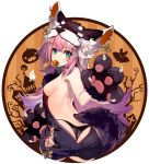  1girl animal_costume animal_ears azur_lane bangs black_panties black_sweater commentary_request cowboy_shot earrings eyebrows_visible_through_hair fang from_behind gloves green_eyes hair_ornament halloween halloween_costume hanazuki_(azur_lane) hip_vent jewelry long_hair looking_at_viewer looking_back meme_attire mixed-language_commentary mouth_hold no_bra panties paw_gloves paws pink_hair pumpkin shirokitsune sidelocks solo sweater tail underwear virgin_killer_sweater wolf_costume wolf_ears wolf_paws wolf_tail 