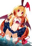  5_fingers absurd_res blonde_hair bottomwear breasts butt_from_the_front camel_toe clothed clothing clothing_lift demon disgaea ear_piercing eyebrows fingers flonne hair heart_earrings hi_res humanoid humanoid_pointy_ears lip_fang long_hair looking_at_viewer miyakawa106 navel not_furry partially_submerged piercing red_eyes red_wings simple_background skirt skirt_lift small_breasts spade_tail standing swimwear video_games water wet white_background white_clothing white_swimwear winged_humanoid wings 
