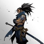  1boy armor black_hair cowboy_shot crossed_arms gauntlets gradient gradient_background japanese_clothes katana league_of_legends official_art promotional_art ruined_king:_a_league_of_legends_story sheath sheathed shoulder_armor sword tied_hair weapon yasuo_(league_of_legends) 
