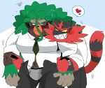  &lt;3 anthro at_work blush bulge clothed clothing hyaku_(artist) incineroar male nintendo office partially_clothed pok&eacute;mon pok&eacute;mon_(species) rillaboom undressing_partner uniform unprofessional_behavior video_games 