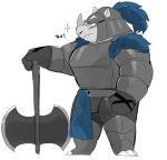  anthro armor axe broken_horn horn hyaku_(artist) japanese_text knight male mammal melee_weapon rhinocerotoid scar solo text warrior weapon 