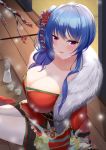  1girl absurdres arm_support azur_lane bangs between_breasts blue_hair blush bottle breasts chinese_commentary cleavage collarbone commentary_request cup eyebrows_visible_through_hair flower fur_scarf hair_between_eyes hair_flower hair_ornament highres japanese_clothes kami_no_kaze_zero kimono large_breasts liquid long_hair looking_at_viewer obi official_alternate_costume parted_lips print_kimono purple_eyes red_kimono sake_bottle sash shadow short_kimono side_ponytail sidelocks sitting sliding_doors smile snow snowing solo st._louis_(azur_lane) st._louis_(tipsy_snow)_(azur_lane) tatami thighhighs tray tree_branch veranda white_legwear wooden_floor 