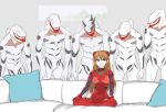  1girl blood blue_eyes breasts brown_hair couch covered_nipples daibajoujisan hands_on_own_knees highres indian_style interface_headset mass_production_eva medium_breasts neon_genesis_evangelion parody pillow plugsuit sitting smile solo souryuu_asuka_langley white_background 