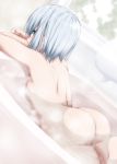  1girl ass back bangs bathing bathtub breasts completely_nude dutch_angle eyebrows_visible_through_hair from_side konpaku_youmu konpaku_youmu_(ghost) looking_at_viewer looking_to_the_side nori_tamago nude partially_submerged short_hair sideboob sideways_glance silver_hair small_breasts solo steam touhou water 
