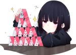  1girl black_hair bob_cut card doyagao hood hoodie house_of_cards ichiki_1 original pink_eyes playing_card short_hair smug solo white_background 