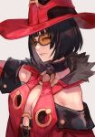  1girl armpit_peek bare_shoulders bob_cut breasts choker cleavage closed_mouth eyebrows_visible_through_hair glasses guilty_gear hat hungry_clicker i-no large_breasts lips medium_hair o-ring o-ring_top sideboob simple_background solo witch_hat 