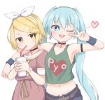  1girl 2girls ;d absurdres alternate_costume aqua_hair bangs belt black_choker blonde_hair breasts brown_belt brown_dress choker collarbone commentary_request cross cross_earrings dress drinking drinking_straw drinking_straw_in_mouth earrings eyebrows_visible_through_hair hair_ornament hairclip hatsune_miku heart highres holding jewelry kagamine_rin long_hair looking_at_another midriff multiple_girls navel one_eye_closed open_clothes open_mouth open_shorts short_hair short_sleeves shorts sideways_glance small_breasts smile stomach tank_top twintails upper_teeth v v_over_eye very_long_hair vocaloid white_background yumoto_motoyu 