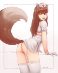  4:5 animal_humanoid breasts brown_body brown_fur brown_hair butt canid canid_humanoid canine canine_humanoid clothed clothing female fur gloves hair handwear hat headgear headwear hi_res holo humanoid legwear long_hair looking_back mammal mammal_humanoid no_underwear nurse nurse_hat nurse_uniform red_eyes seraziel simple_background small_breasts solo spice_and_wolf tongue tongue_out uniform wolf_humanoid 