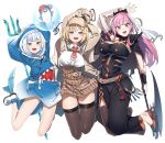  3girls absurdres animal_hood arms_up bangs belt black_dress blonde_hair bloop_(gawr_gura) blue_eyes blue_hair blush breasts brown_capelet bubble can capelet cleavage detective dress fish_tail gawr_gura hair_ornament highres hololive hololive_english hood jumping large_breasts long_hair long_sleeves looking_at_viewer magnifying_glass medium_breasts monocle_hair_ornament mori_calliope multicolored_hair multiple_girls open_mouth pink_eyes pink_hair polearm scythe shark shark_girl shark_hood shark_tail sharp_teeth shinomu_(cinomoon) shoes short_hair shoulder_spikes simple_background smile spikes stethoscope tail teeth thighhighs thighs trident two-tone_hair veil virtual_youtuber watson_amelia weapon white_background white_footwear white_hair zettai_ryouiki 