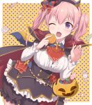  1girl ;d artist_name black_cape black_headwear bloomers breasts candy cape commentary_request food halloween hat hokeki_yougu jack-o&#039;-lantern large_breasts long_sleeves mini_hat one_eye_closed open_mouth pink_hair polka_dot polka_dot_background princess_connect! princess_connect!_re:dive purple_eyes short_hair smile solo tsumugi_(princess_connect!) twintails underwear yellow_background 