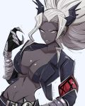  2020 4:5 absurd_res belt bottomwear breasts cleavage clothed clothing demon ear_piercing female helltaker hi_res horn humanoid judgement_(helltaker) omiza-zu piercing shorts simple_background smile solo wavy_mouth white_background 