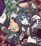  1boy 1girl bangs belt black_headwear black_shorts black_vest blue_eyes blue_hair braid breasts brown_belt brown_hair byleth_(fire_emblem) byleth_(fire_emblem)_(female) cape checkered checkered_background checkered_vest claude_von_riegan commentary_request costume_request cravat crop_top curled_horns dark_skin dark_skinned_male earrings eyebrows_visible_through_hair fangs fingernails fire_emblem fire_emblem:_three_houses flower gloves green_eyes green_neckwear green_vest grey_gloves hair_between_eyes hair_ornament halloween halloween_costume hat highres holding holding_clothes holding_hat holding_pocket_watch horns ichii_k jewelry long_fingernails long_hair looking_at_viewer lower_teeth medium_breasts midriff mismatched_sleeves monocle navel neck_ribbon open_mouth pocket_watch puffy_short_sleeves puffy_sleeves purple_cape red_cape red_flower red_nails red_rose ribbon rose shirt short_hair short_sleeves shorts sidelocks thorns top_hat twitter_username underbust upper_body upper_teeth vest watch white_shirt 