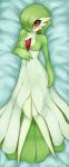  3_fingers bed blush breasts dakimakura_design female fingers furniture gardevoir green_hair hair hi_res humanoid looking_at_viewer lying mammal nintendo not_furry on_back on_bed pok&eacute;mon pok&eacute;mon_(species) red_eyes seraziel short_hair small_breasts smile solo video_games 