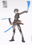  1girl androgynous blue_eyes energy_sword extra_arms grey_hair hairlocs highres holding holding_sword holding_weapon looking_to_the_side mechanical_arm original science_fiction shineash solo sword weapon 