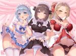  3girls bangs bare_shoulders blonde_hair blue_eyes blue_hair blush breasts brown_hair cameltoe choker detached_sleeves dress eyebrows_visible_through_hair garter_straps gloves green_eyes large_breasts lifted_by_self long_hair looking_at_viewer maid maid_headdress multiple_girls navel open_mouth original panties ponytail sanom short_sleeves smile take_your_pick thighhighs underwear wavy_hair wrist_cuffs 