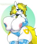  anthro areola big_breasts blonde_hair blue_eyes blush breasts camel_toe clothed clothing collar cowbell cutie_mark equid equine female geeflakes hair hasbro hi_res holding_breast horn huge_breasts hyper hyper_breasts legwear mammal my_little_pony panties solo thick_thighs thigh_highs topless underwear unicorn white_body white_heart_(oc) 