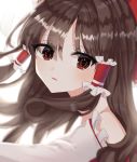  1girl bangs bow brown_eyes brown_hair detached_sleeves eyebrows_visible_through_hair frilled_hair_tubes frilled_sleeves frills hair_bow hair_tubes hakurei_reimu highres japanese_clothes kitty long_hair looking_at_viewer miko open_mouth red_bow red_shirt shirt simple_background solo touhou upper_body white_background wide_sleeves 