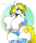  &lt;3 &lt;3_eyes anthro areola big_breasts blonde_hair blue_eyes blush bodily_fluids breasts camel_toe clothed clothing collar cowbell cutie_mark equid equine female geeflakes hair hasbro hi_res holding_breast horn huge_breasts hyper hyper_breasts lactating legwear mammal my_little_pony panties solo thick_thighs thigh_highs topless underwear unicorn white_body white_heart_(oc) 
