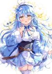  1girl :d ahoge bangs bare_shoulders beret blue_bow blue_flower blue_hair blue_jacket blue_skirt blush bow braid breasts brown_eyes center_frills cleavage commentary_request eyebrows_visible_through_hair floral_background flower frilled_skirt frills fur-trimmed_jacket fur-trimmed_sleeves fur_trim hair_between_eyes hair_flower hair_ornament hat highres hololive jacket large_breasts long_hair long_sleeves looking_at_viewer off_shoulder open_clothes open_jacket open_mouth plaid plaid_bow pleated_skirt pointy_ears print_skirt ribbon-trimmed_legwear ribbon_trim satsuki_yukimi shirt skirt smile snowflake_print solo thighhighs very_long_hair virtual_youtuber white_background white_flower white_headwear white_legwear white_shirt wide_sleeves yukihana_lamy 