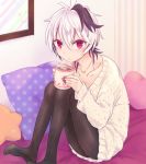  1girl bed commentary cup flower_(vocaloid) heart heart_pillow highres holding holding_cup indoors jewelry kisalaundry knees_up looking_at_viewer multicolored_hair necklace no_shoes pantyhose pillow purple_hair red_eyes red_nails ribbed_sweater short_hair sitting solo steam streaked_hair sweater v_flower_(vocaloid4) vocaloid white_hair 