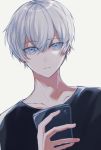 1boy bangs black_shirt blue_eyes cellphone collarbone eyebrows_visible_through_hair grey_background hair_between_eyes holding holding_phone juu_ame looking_at_viewer male_focus original phone shirt silver_hair simple_background solo upper_body 