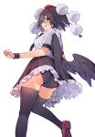  1girl :p akagashi_hagane ass black_hair black_legwear black_skirt black_wings blush breasts closed_mouth feathered_wings frilled_skirt frills from_behind hat looking_at_viewer looking_back medium_breasts mole mole_on_thigh panties pantyshot pom_pom_(clothes) red_eyes red_footwear red_headwear shameimaru_aya shirt short_sleeves simple_background skirt smile solo sweatband thighhighs tokin_hat tongue tongue_out touhou underwear upskirt white_background white_shirt wings 