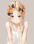  1girl abigail_williams_(fate/grand_order) bangs bare_shoulders black_bow blonde_hair blue_eyes blush bow breasts camisole collarbone fate/grand_order fate_(series) forehead hair_bow highres jewelry long_hair looking_at_viewer multiple_bows necklace open_mouth orange_bow parted_bangs sakazakinchan sidelocks small_breasts white_camisole 