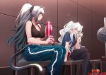 2girls absurdres animal_ears arknights bare_arms bare_shoulders bear_ears black_legwear blue_hair blue_nails blue_pants blue_shirt breasts cat_ears cat_tail chinese_commentary cleavage closed_eyes commentary_request crop_top crossed_legs feet_out_of_frame highres indoors large_breasts long_hair long_ponytail looking_at_another midriff multicolored_hair multiple_girls pants pantyhose ponytail profile red_footwear rosa_(arknights) schwarz_(arknights) shijie_jianfa shirt shoes short_sleeves sidelocks silver_hair sitting sneakers sports_bra stomach streaked_hair tail very_long_hair 
