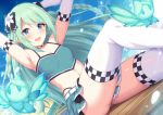  1girl :d armpits arms_up bangs bare_shoulders bikini blue_eyes blush braid breasts chika_(princess_connect!) cleavage collarbone elbow_gloves eyebrows_visible_through_hair flower gloves green_hair hair_flower hair_ornament horosuke_(toot08) long_hair looking_at_viewer midriff open_mouth princess_connect! princess_connect!_re:dive race_queen smile solo swimsuit thighhighs thighs twin_braids very_long_hair 