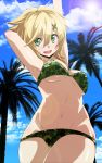  1girl akatsuki_kirika arm_up armpits bikini blonde_hair breasts camouflage camouflage_bikini cleavage day green_bikini green_eyes hair_ornament highres looking_at_viewer medium_breasts navel open_mouth palm_tree senki_zesshou_symphogear shiny shiny_hair shiny_skin short_hair smile solo standing swimsuit tanashi_(mk2) tree x_hair_ornament 