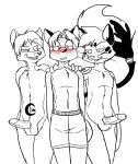  2012 anthro black_and_white boxers_(clothing) canid canine canis clothing felid feline folf_(elemental_wolf) fox group humanoid_genitalia imminent_sex male male/male mammal metal_(artist) metal_(character) monochrome sketch steve_(smsfoxx) tattoo underwear wolf 