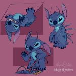  1:1 2020 4_arms 4_fingers alien alternate_color alternate_form antennae_(anatomy) blue_body blue_fur blue_nose blue_pawpads chest_tuft claws disney experiment_(lilo_and_stitch) feral fingers freckles fur hanging_(disambiguation) hi_res inklightcreations lilo_and_stitch looking_at_viewer male male_(lore) multi_arm multi_limb notched_ear one_ear_up pawpads purple_background sharp_teeth simple_background smile smirk spikes stitch_(lilo_and_stitch) teeth toe_claws tuft wire 