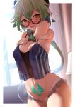  1girl backlighting bangs bare_shoulders blue_camisole blush breasts camisole cleavage collarbone covered_nipples dearonnus genshin_impact glasses green_hair heart heart-shaped_pupils highres jewelry large_breasts long_hair looking_at_viewer maebari navel open_mouth orange_eyes pendant ponytail stomach_tattoo sucrose_(genshin_impact) symbol-shaped_pupils tattoo thighs very_long_hair vision_(genshin_impact) 