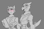  2020 anthro avian beak bird black_and_grey blush canid canine clothing duo eyebrows falco_lombardi feathers female fingers fox fur hair holding_object iguessishouldbethankful inner_ear_fluff krystal male mammal monochrome nintendo short_hair smile star_fox tablet tail_feathers tuft video_games 