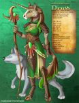  anthro anthro_adventures armor canid canine canis clothed clothing druid duo english_text equid equine female horn magic_user male male/female mammal standing stick text traci_vermeesch-vezina tribal_spellcaster unicorn weapon wolf 