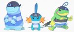  absurdres bandana black_bandana black_eyes closed_mouth clothed_pokemon gen_2_pokemon gen_3_pokemon highres looking_at_viewer mudkip no_humans pokemon pokemon_(creature) politoed quagsire saiku_(zvlku) team_aqua_uniform toes 