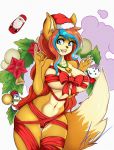  allanel anthro bell big_breasts blue_eyes bow breasts camel_toe canid canine christmas female festive fox fur grace_kaiser hair hand_up hi_res holidays mammal red_hair solo thick_thighs 