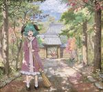  2girls animal_ears architecture bamboo_broom blonde_hair bobby_socks broom cloud commentary dappled_sunlight dress east_asian_architecture full_body green_eyes green_hair holding holding_broom kasodani_kyouko looking_at_viewer marker_(medium) mouse_ears multiple_girls myouren_temple nazrin open_mouth plant scenery shiratama_(hockey) short_hair socks standing sunlight toramaru_shou touhou traditional_media tree 