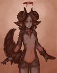  black_hair blood bodily_fluids breasts brown_eyes curved_horn demon demon_humanoid female fluffy fluffy_tail fur genitals grey_body grey_fur hair halo hi_res horn humanoid looking_at_viewer navel nipples nude open_mouth portals_of_phereon pussy small_breasts solo standing syvaron 