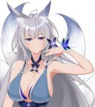  1girl absurdres animal_ear_fluff animal_ears artist_request azur_lane blue_butterfly blue_collar blue_dress blue_eyes breasts cleavage collar detached_collar dress evening_gown eyebrows_visible_through_hair fox_ears grey_hair halter_dress highres kitsune kyuubi large_breasts large_tail long_hair looking_at_viewer multiple_tails shinano_(azur_lane) shinano_(light_of_the_hazy_moon)_(azur_lane) simple_background sleeveless sleeveless_dress solo tail upper_body white_background white_tail 