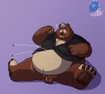  2020 anthro balls belly bodily_fluids brown_body brown_fur clothing cookie eating flaccid food fur genital_fluids genitals hi_res male mammal obese obese_anthro obese_male overweight overweight_anthro overweight_male penis precum shirt simple_background sitting solo thefuzzy_husky topwear ursid 