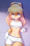  2020 anthro blonde_hair blue_eyes bottomwear breasts cheek_tuft clothed clothing crop_top facial_tuft female fully_clothed fur hair hi_res lagomorph leporid lola_bunny looking_at_viewer looney_tunes mammal midriff navel rabbit shirt shorts solo topwear tuft vallshad warner_brothers yellow_body yellow_fur 